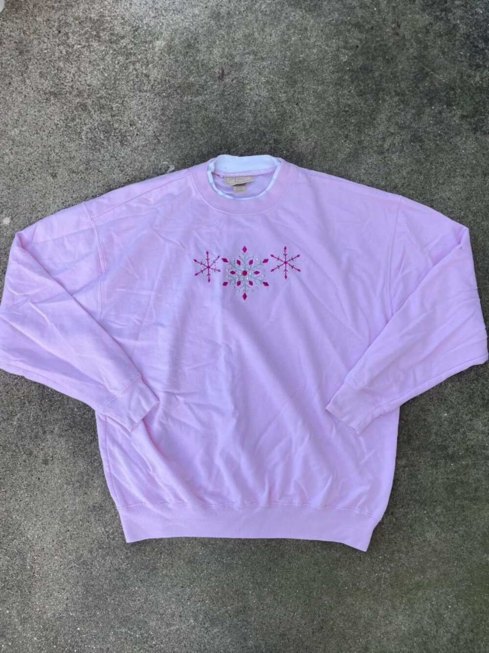 Vintage Y2K Holiday Sweater Pink Baggy XL Rhinestones Snowflake Grandma Cottage
